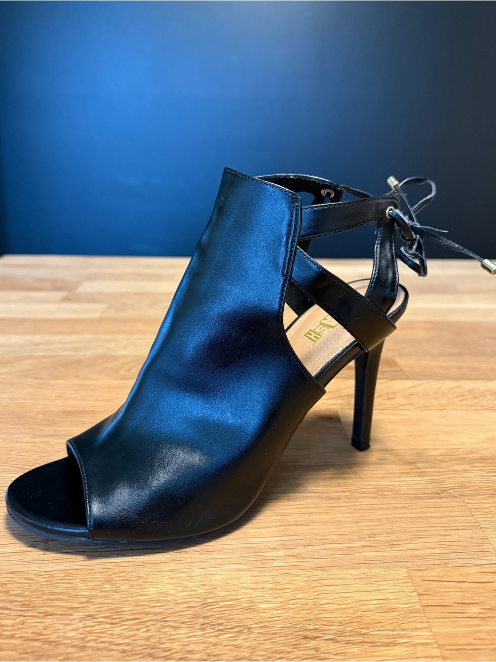Sz 9.5 | Brash: Shoe-Booty Peep-Toe 4.25” Heels w/ Ankle Tie | Black